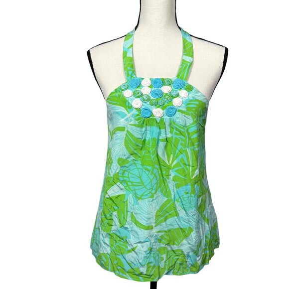 Lilly Pulitzer Silk Halter Top Size 4 Green Blue Tropical Floral Y2K Embroidered - Picture 1 of 7